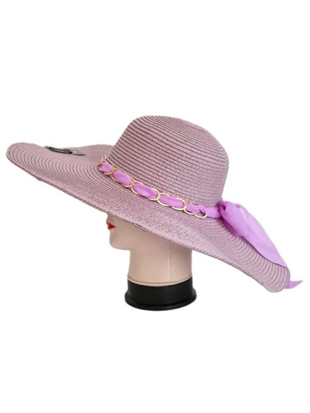 Women Floppy Straw Gold Chain Wide Brim Roll-Up Large Travel Beach Hat - Lilac